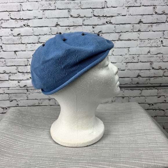 Vintage, baby blue color, cotton, stretchy, beads on top hat, Cir.: 17 in. - Picture 3 of 9
